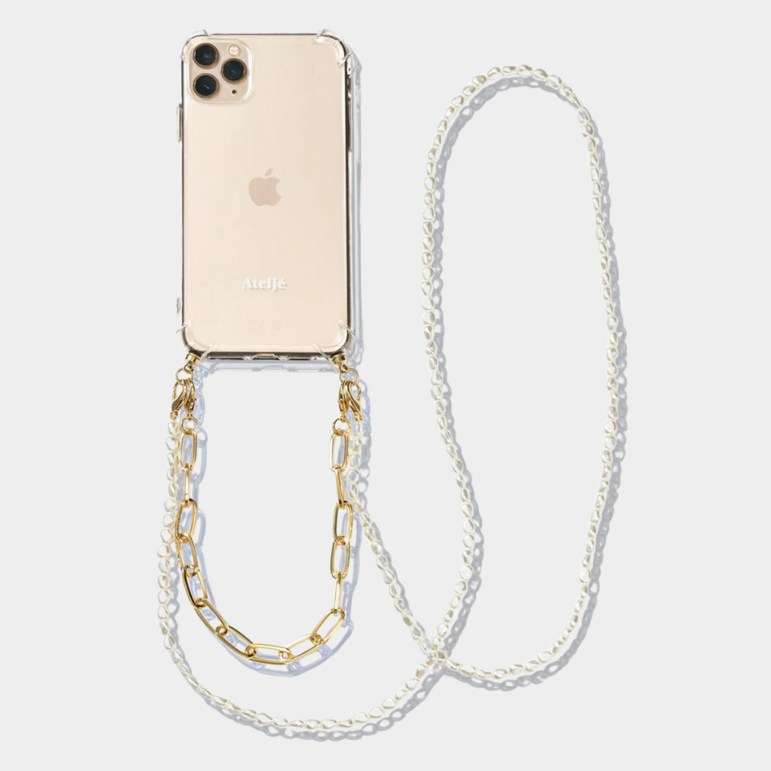 Transparant recycled iPhone case with Pearl drop and Goldie cord