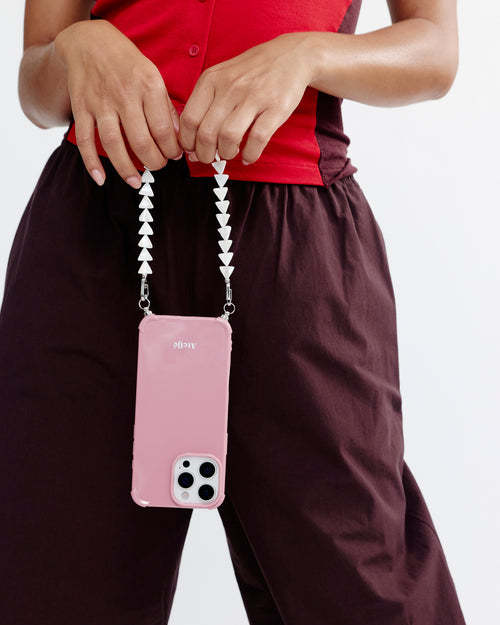 Velvet pink recycled iPhone case with First light cord
