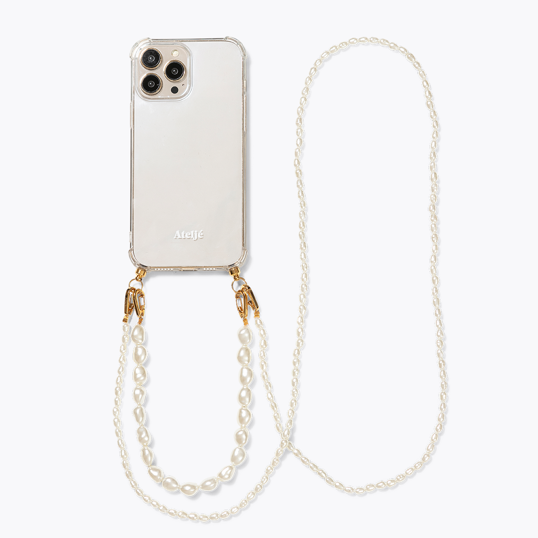 Transparent recycled iPhone case with Pearl drop 2.0 and Cloudy 2.0 cord