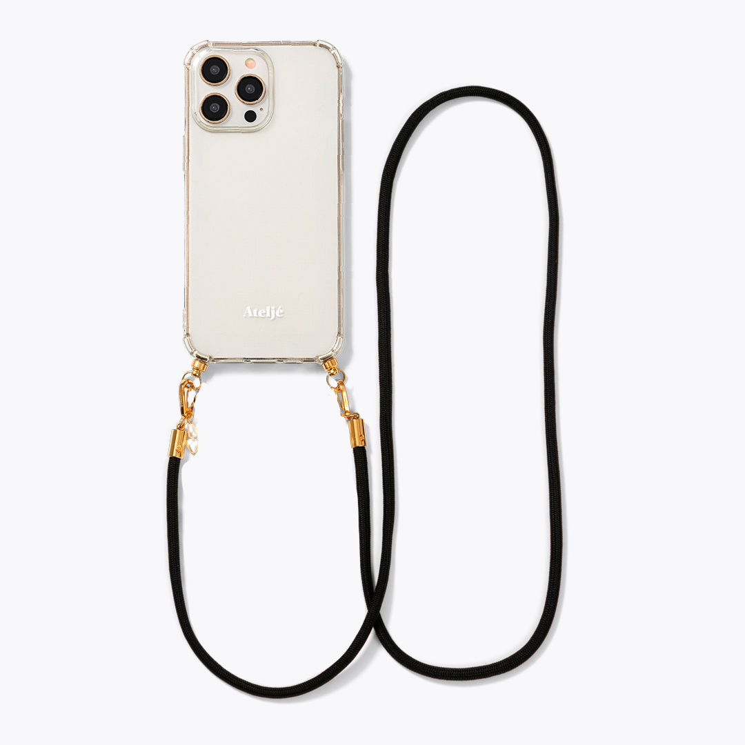 Transparent recycled iPhone case with Midnight cord