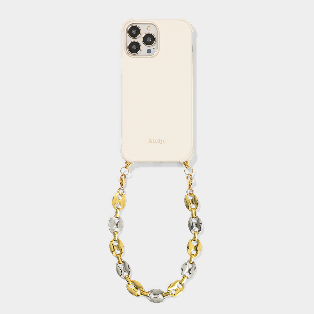 Beige phone case with disco darling gold phone cord atelje