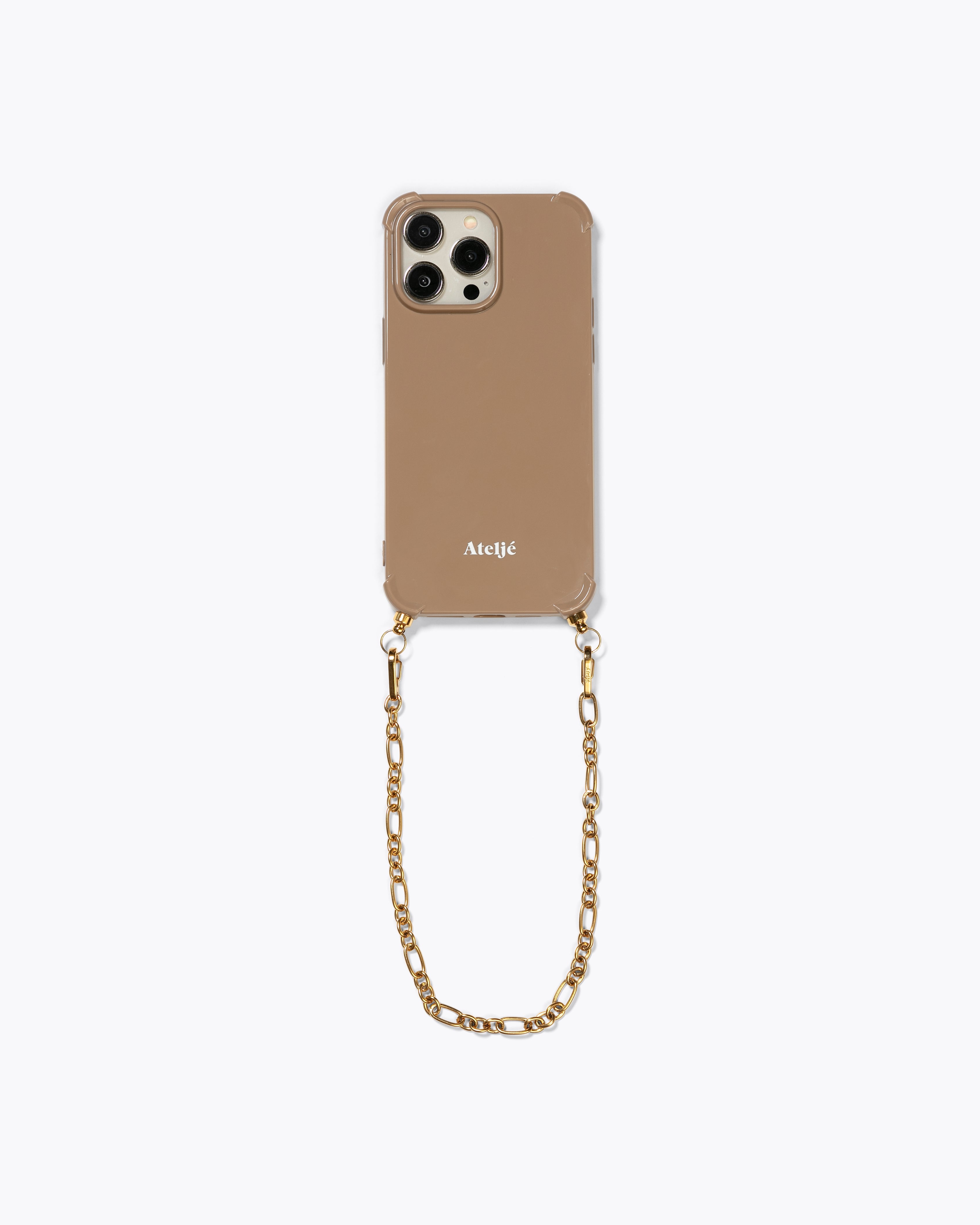Caramel recycled iPhone case with Cosmic gold cord
