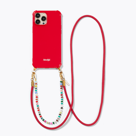 Classic red recycled iPhone case with Moonstone and Flame red cord