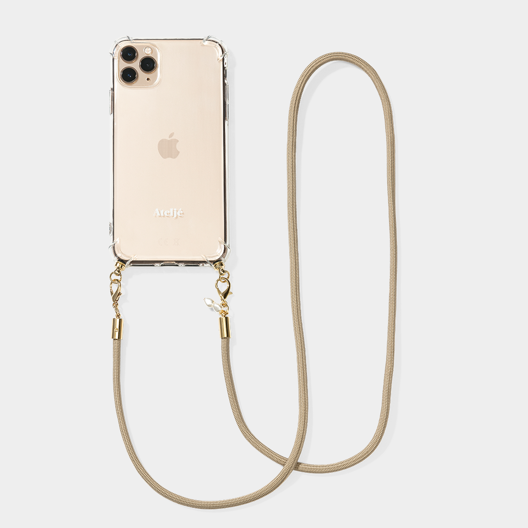 Transparent phone case with dune beige phone cord atelje