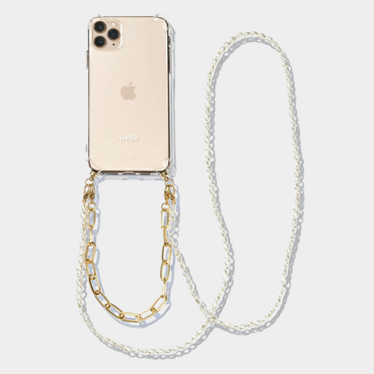 Phone case transparent with phone cord gold and pearl cord. 