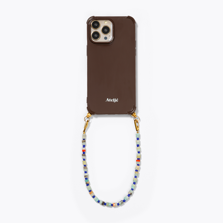 Dark brown recycled iPhone case with True blue cord