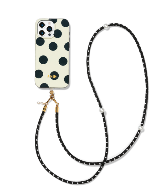 Ivory polkadot case with Hit the spot cord