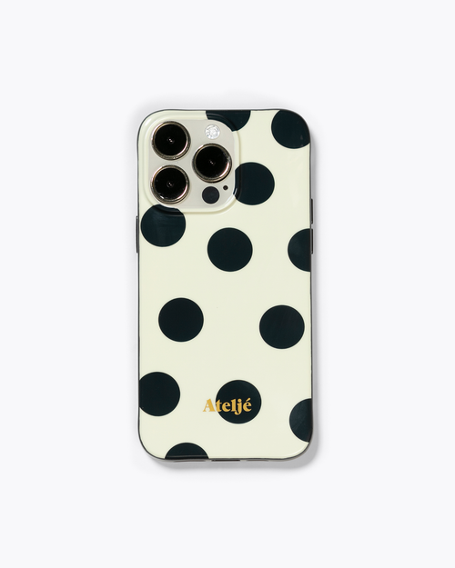 Ivory polkadot case with Hit the spot cord