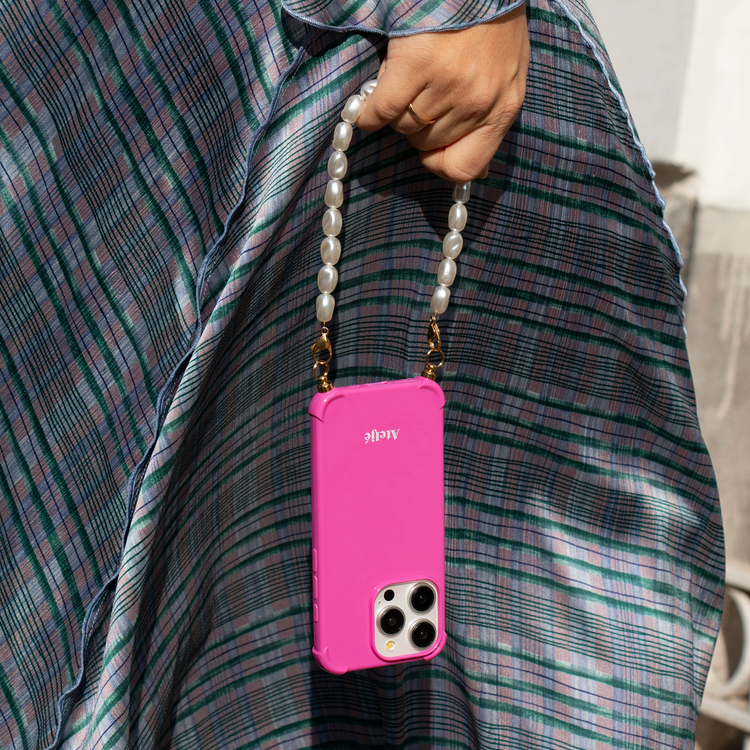 Poppy pink phone case with cloudy phone cord 