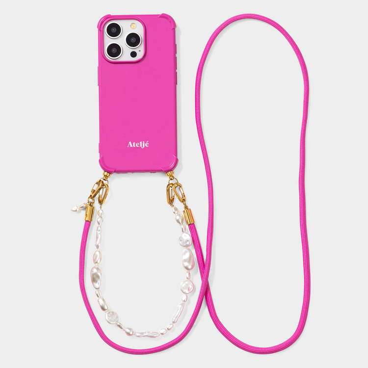 Poppy pink recycled iPhone case with Spice and Beach walk cord