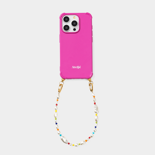 Poppy pink recycled iPhone case with Good vibes cord