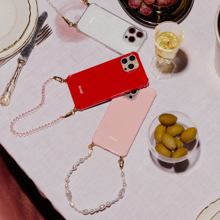 Classic red recycled iPhone case with Pink Crystal cord - PRE-ORDER