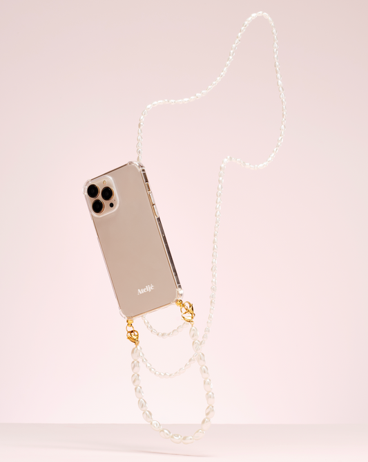 Transparant recycled iPhone case with Pearl drop and Cloudy cord