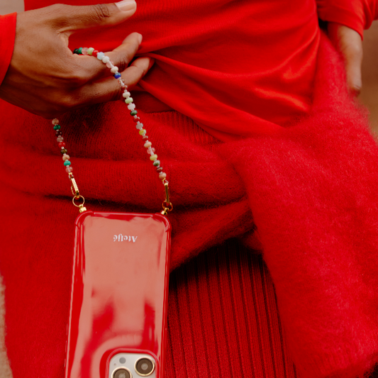 Classic red recycled iPhone case with Moonstone cord