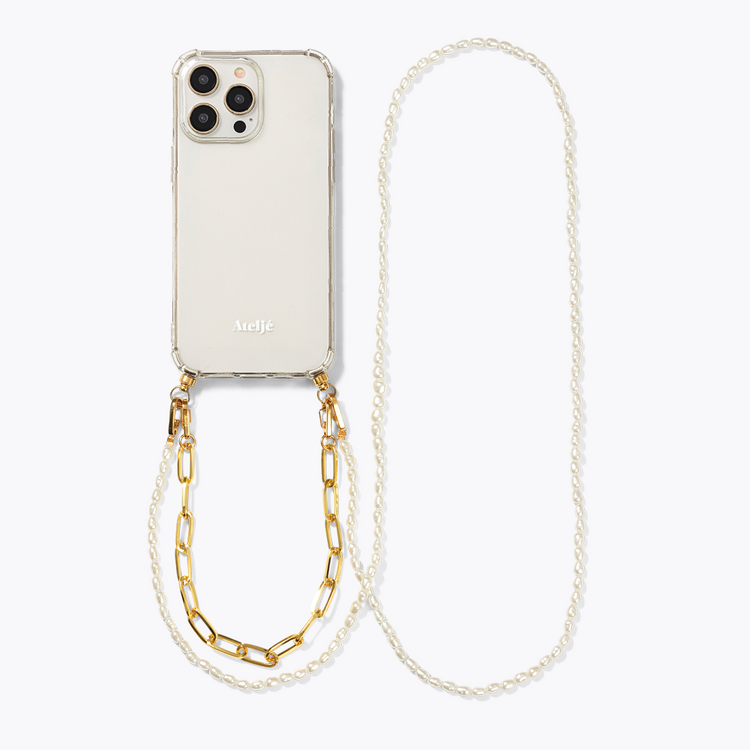 Transparant recycled iPhone case with Pearl drop and Goldie cord