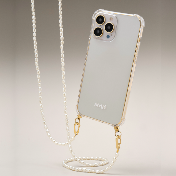 Transparant recycled iPhone case with Pearl drop and Goldie cord