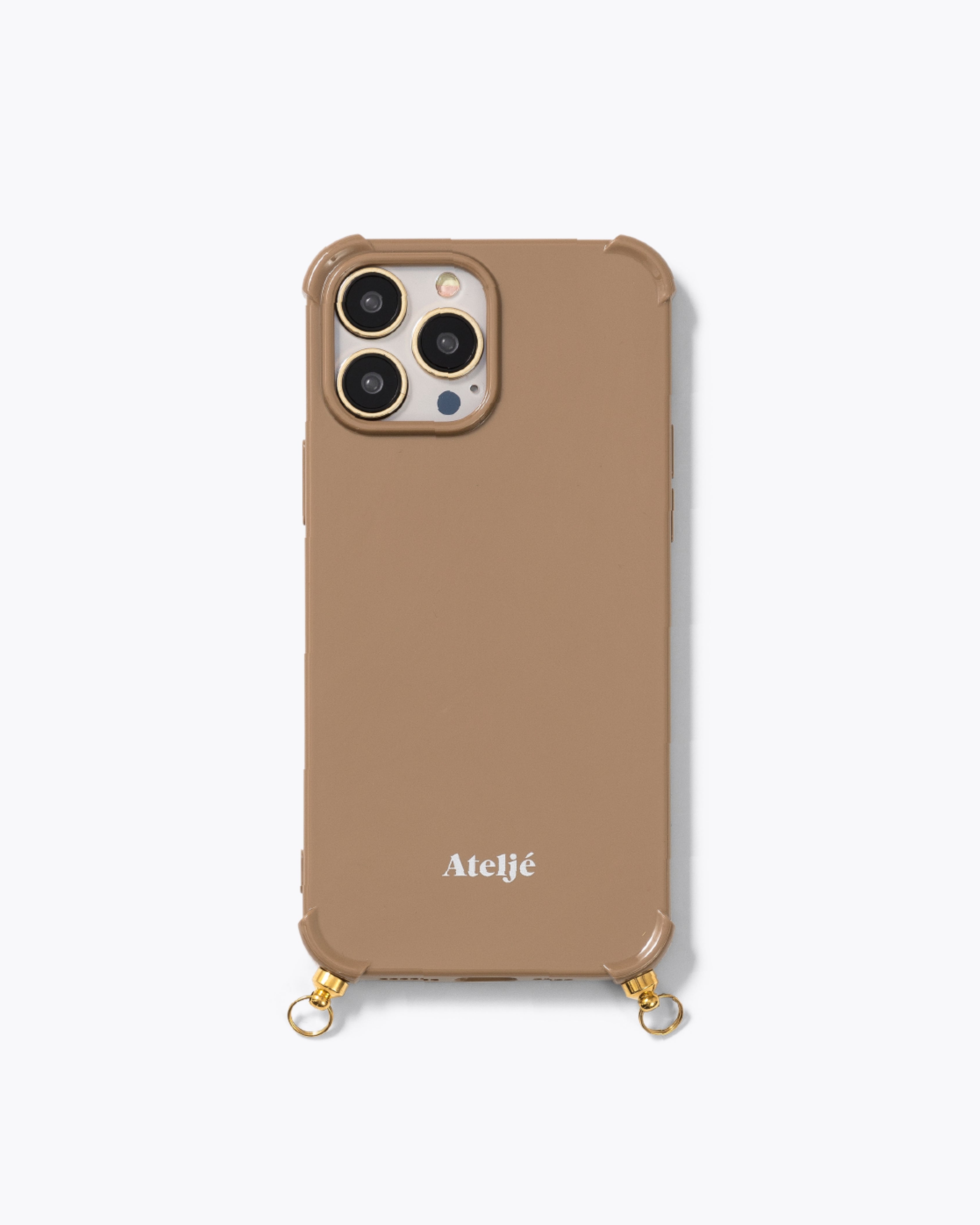 Caramel recycled iPhone case with Cosmic gold cord