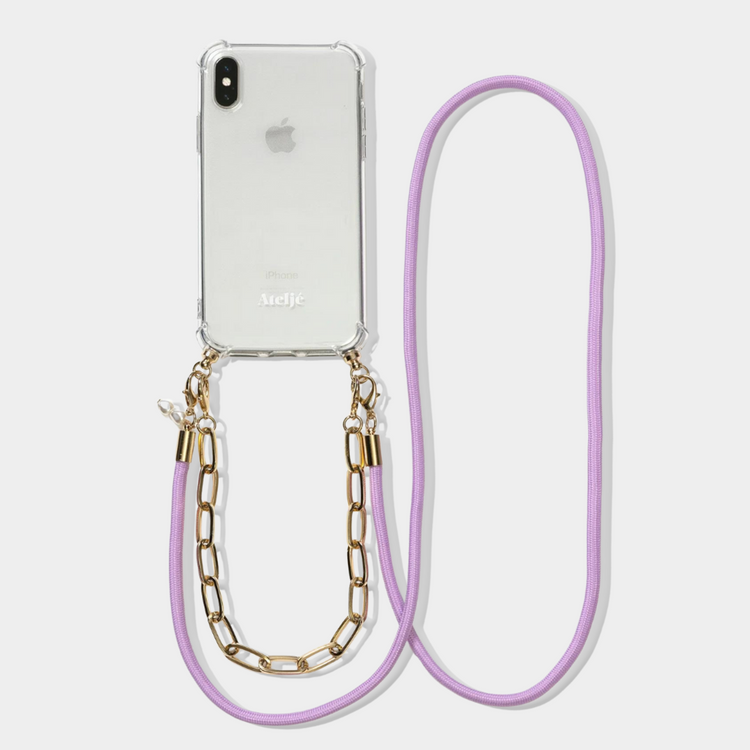 Transparent phone case with long phone cord purple lavender and gold atelje